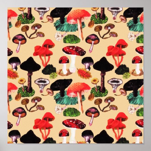 Retro Autumn Woodland Waterverf paddenstoel Poster (Voorkant)