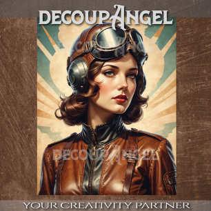 Retro Aviator Vrouw in  Stijl -Decoupage- Tissuepapier