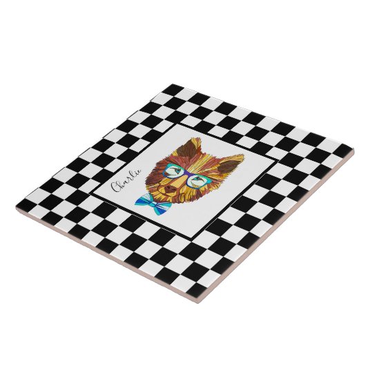 Retro B&W-checkerboard, beer met hipster, geperson Tegeltje (Zijkant)