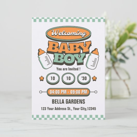 Retro Baby Boy Douche Uitnodiging (Staand voorkant)