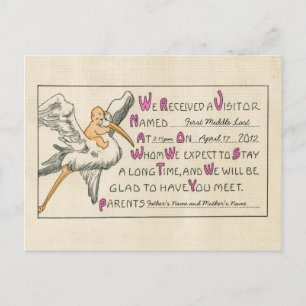 Retro Baby Girl & Stork Ouders Geboorteaankondigin Aankondigingskaart