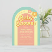 Retro Baby shower Groovy Arch Rainbow 70s Flowers Kaart (Staand voorkant)