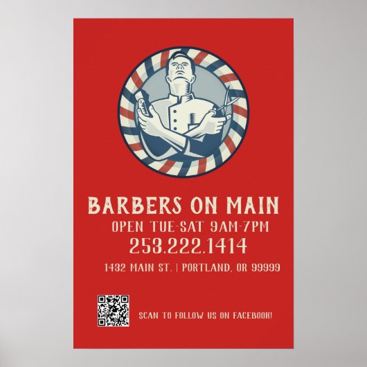 Retro Barber Badge & QR Code Poster (Voorkant)