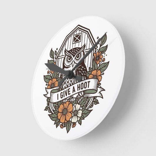 Retro barn owl 'I give a hoot' design Ronde Klok (Hoek)