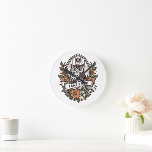 Retro barn owl 'I give a hoot' design Ronde Klok (Huis)