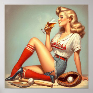 Retro Baseball Meisje Schilderen Poster
