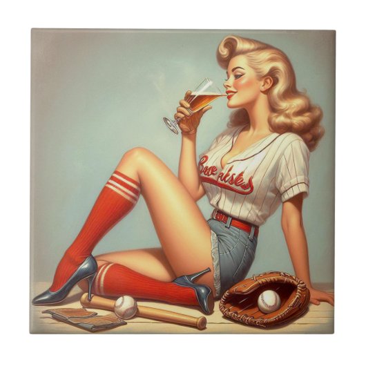 Retro Baseball Meisje Schilderen Tegeltje (Voorkant)
