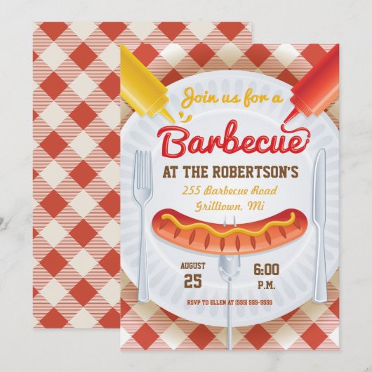 Retro BBQ Party Invitation on Gingham Kaart (Voorkant / Achterkant)