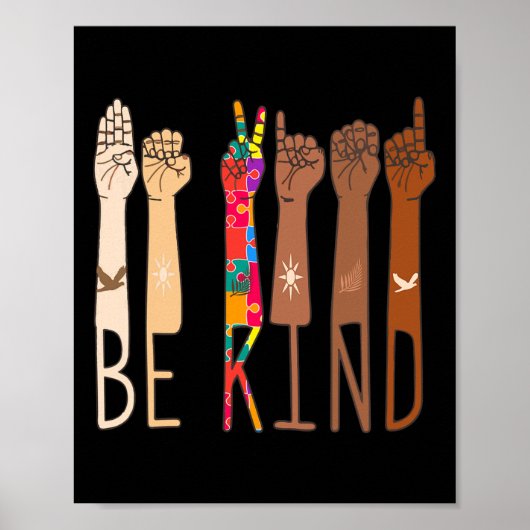 Retro Be Kind Handgebarentaal ASL Puzzel Autisme Poster (Voorkant)