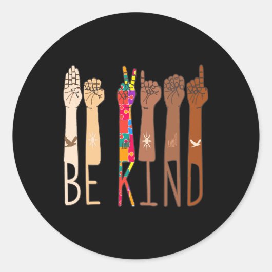 Retro Be Kind Handgebarentaal ASL Puzzel Autisme Ronde Sticker (Voorkant)