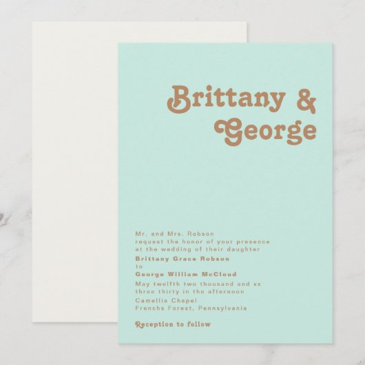 Retro Beach | Aqua Traditional Wedding Invitation Kaart (Voorkant / Achterkant)