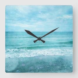 Retro Beach - Blauwgroen blauwe Waterverf voor de  Vierkante Klok