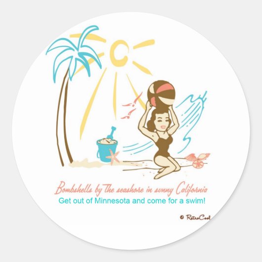 Retro 'Beach Bombshell' Ronde Sticker (Voorkant)
