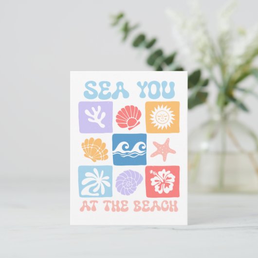 Retro Beach Briefkaart - "Zee u aan het strand" (Staand voorkant)