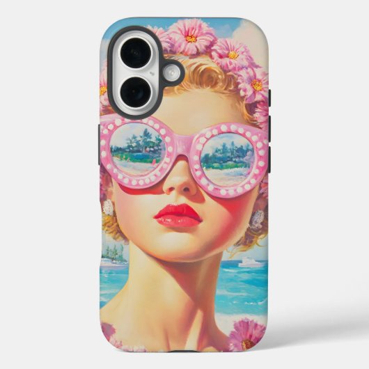 Retro Beach Meisje met Bloemen Zonnebril Case-Mate iPhone Case (Achterkant)
