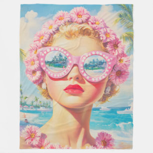 Retro Beach Meisje met Bloemen Zonnebril Fleece Deken