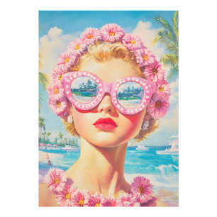Retro Beach Meisje met Bloemen Zonnebril Foto Afdruk