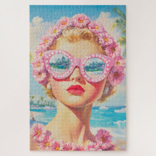 Retro Beach Meisje met Bloemen Zonnebril Legpuzzel