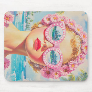 Retro Beach Meisje met Bloemen Zonnebril Muismat