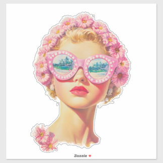 Retro Beach Meisje met Bloemen Zonnebril Sticker