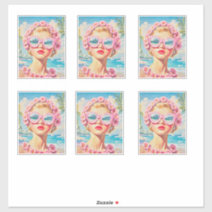 Retro Beach Meisje met Bloemen Zonnebril Sticker