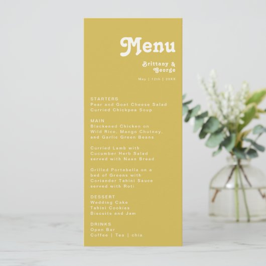 Retro Beach | Menu du dîner de mariage doré (Debout devant)