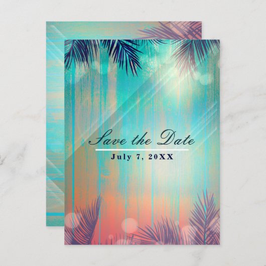 Retro BEACH PARTIJ Sunny Palm Trees sparen de Datu Aankondigingskaart (Voorkant / Achterkant)