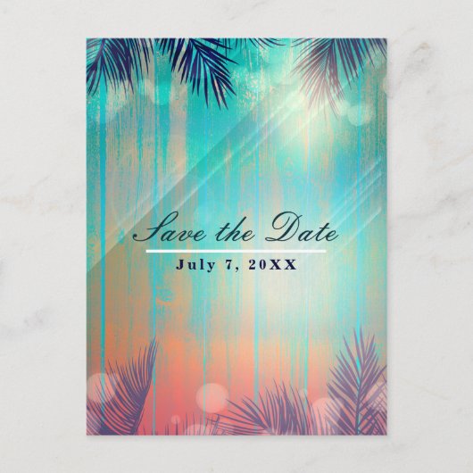 Retro BEACH PARTIJ Sunny Palm Trees sparen de Datu Aankondigingskaart (Voorkant)