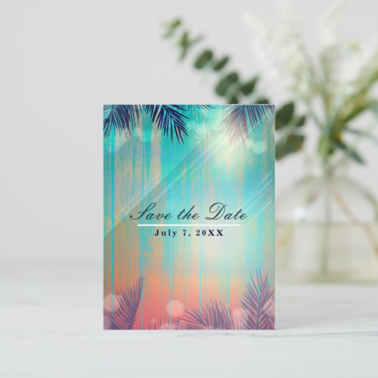 Retro BEACH PARTIJ Sunny Palm Trees sparen de Datu Aankondigingskaart (Staand voorkant)