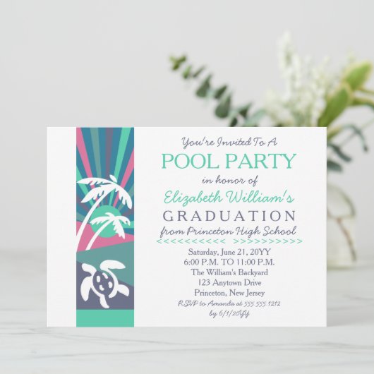 Retro Beach Sunset Afstuderen Pool Party Kaart (Staand voorkant)