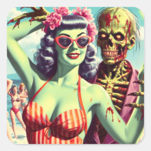 Retro Beach Zombie Pin-Up Vierkante Sticker