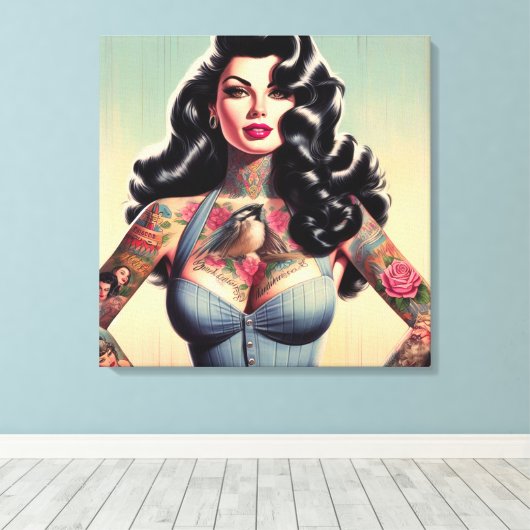 Retro Beauty Tattooed Pin Up Canvas Afdruk (Insitu (Houten vloer))