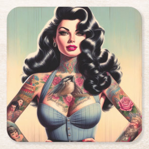 Retro Beauty Tattooed Pin Up Vierkante Kartonnen Onderzetter
