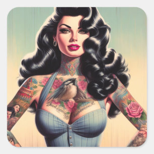 Retro Beauty Tattooed Pin Up Vierkante Sticker