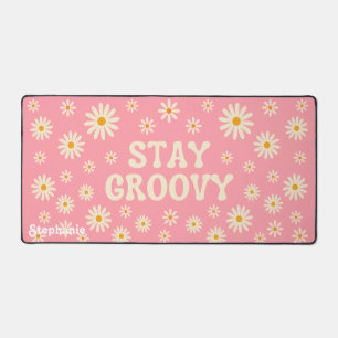 Retro Beige Daisies Stay Groovy Roze Script Naam Bureaumat