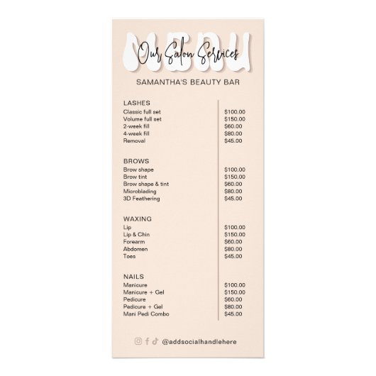 Retro Beige Groovy Make-up Artiest Salon prijslijs Reclamekaart (Voorkant)