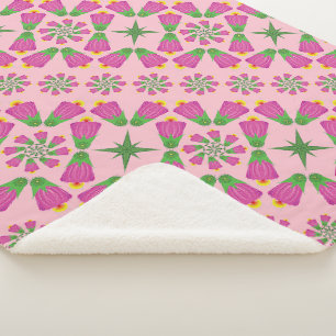 Retro Bell Flower Mandalas Pink Sherpa Blanket Deken