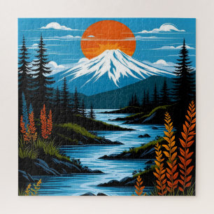 Retro berglandschap illustratie rood blauw legpuzzel