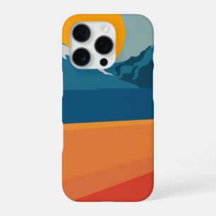 Retro berglandschap kunstwerk oranje blauw iPhone 16 pro hoesje