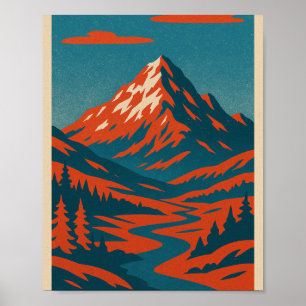 Retro berglandschap   Rood en blauw  Po Poster