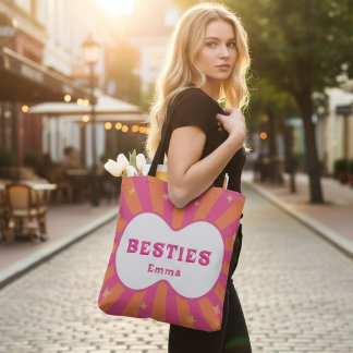 Retro Besties Gepersonaliseerde Roze & Oranje Bood Draagtas