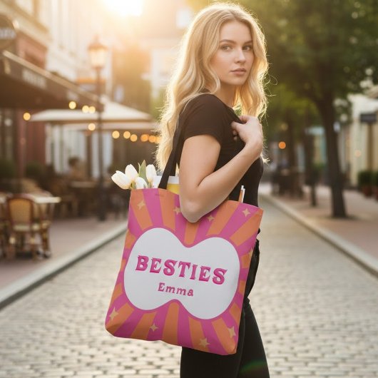 Retro Besties Personalized Pink & Orange Tote Bag