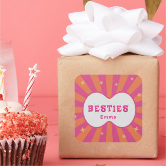 Retro Besties Pink & Orange Sunburst Personalized  Vierkante Sticker