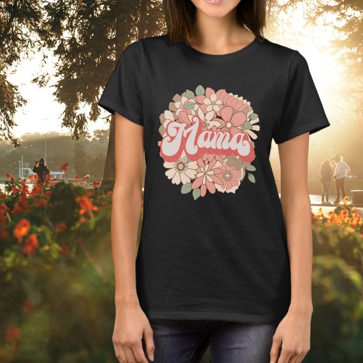 Retro bewerkbare kleuren Mama met Bloemen Matching T-shirt