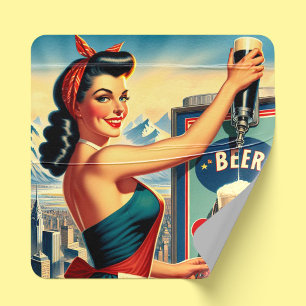 Retro Bier Pin-up Vierkante Sticker
