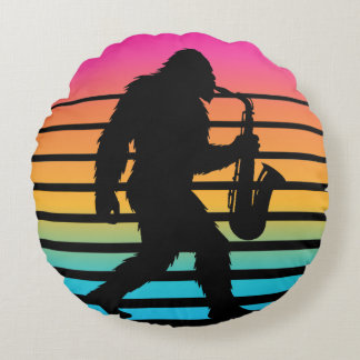 Retro Bigfoot Saxofoon Zonsondergang Ronde Kussen