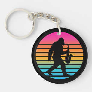 Retro Bigfoot Saxofoon Zonsondergang Sleutelhanger