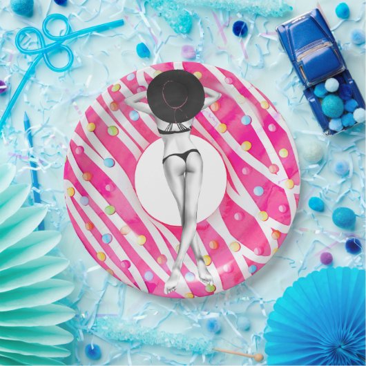 Retro Bikini Girl Birthday Pool Papieren Bordje (Feest)