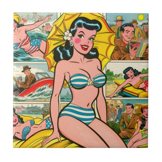 Retro Bikini Meisje Zomer Strips Tegeltje (Voorkant)