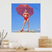 Retro bikini model/rode strepe parasol poster (Keuken)